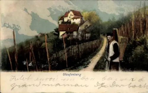Ak Staufenberg in Niedersachsen, Landschaft mit Weinbergen, Weg, Mann mit Hacke, Staufenberg