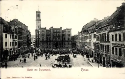 Ak Zittau in Sachsen, Markt mit Platzmusik,  Menschenmenge,  Gebäude