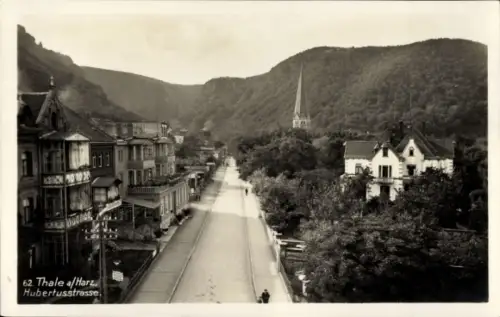 Ak Thale im Harz,  Hubertusstraße, Straße, Bäume, Häuser, Berglandschaft