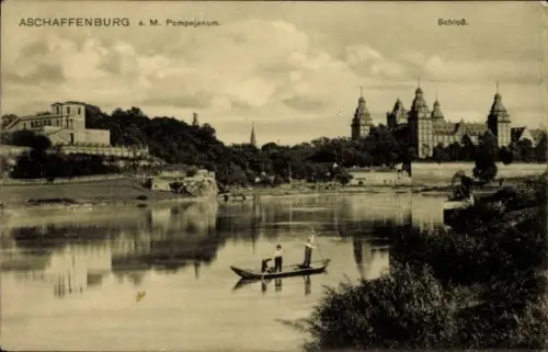 Ak Aschaffenburg in Unterfranken,  Pompejanum, Fluss, Fischerboot, Schloss