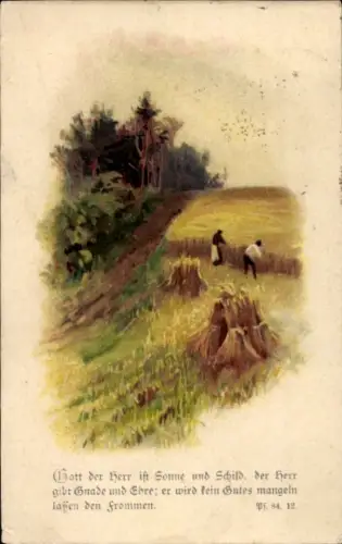 Litho Gott der Herr ist Sonne und Schild, Ps. 84,12, Bauern bei der Ernte, Feld