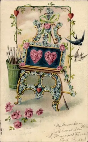Präge Ak Kitsch, Herzen, Blumen, Pinsel, Vergissmeinnicht