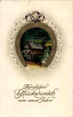 Präge Ak Fröhliches Neujahr, Hufeisen, Wassermühle