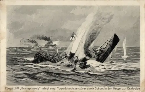 Künstler Ak Flaggschiff Braunschweig bringt britischen Torpedobootszerstörer zur Explosion