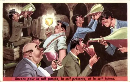 Künstler Ak Männer trinken Wein, Weinflasche