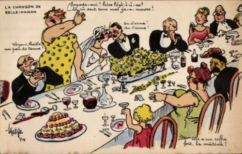 Künstler Ak Menschen am Tisch, Brautpaar, Essen