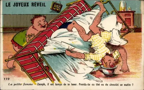 CPA Le Joyeux Reveil, La petite femme