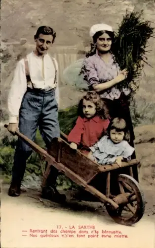 Ak Sarthe Frankreich, Familie, Kinder, Schubkarre