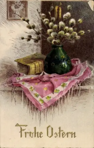 Ak Glückwunsch Ostern, Weidenkätzchen, Buch