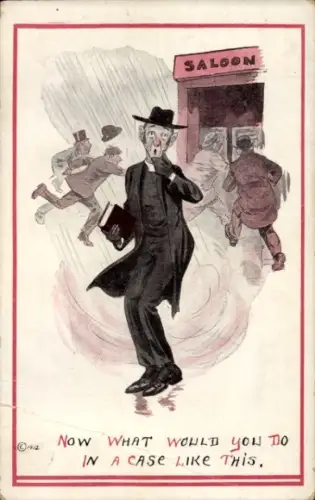 Ak Regnerisches Wetter, Menschen gehen zu Saloon