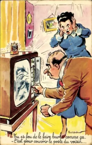 Künstler Ak Eheleben, Mann stellt einen Fernseher ein