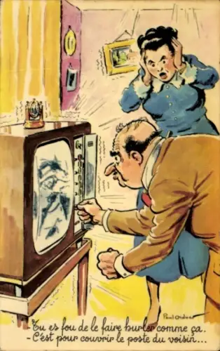 Künstler Ak Eheleben, Mann stellt einen Fernseher ein