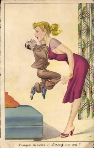 Ak Liebe, Große Frau in rotem Kleid, Mann hängt an den Ohrringen