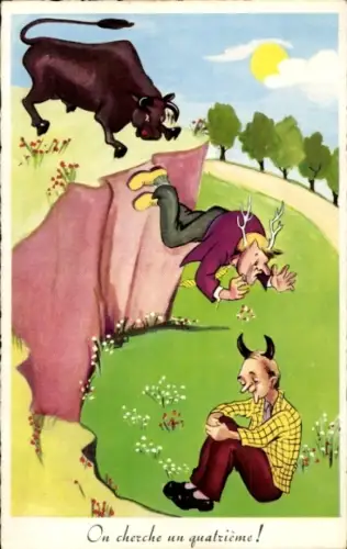 Ak Mann von einem Stier gestoßen, Geweih, Fremdgehen