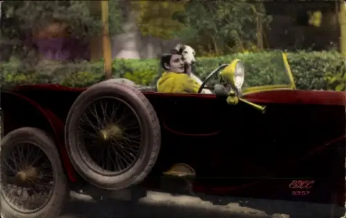 Ak Mann und Hund im Auto