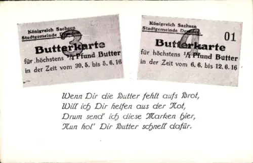 Ak Kaiserreich, Butterkarte, Wenn Dir die Butter fehlt aufs Brot...