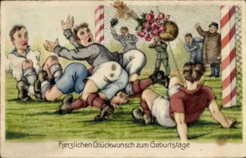 Ak Glückwunsch Geburtstag, Fußballspiel, Blumen