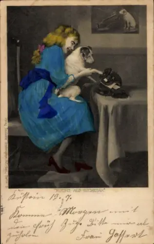 Ak Mädchen und Hund an Schreibmaschine