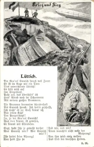 Künstler Ak Krieg und Sieg, Gedicht Lüttich, Heerführer