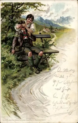Künstler Litho Döcker, E., Bayrisches Paar auf einer Bank, Geschlossene Augen