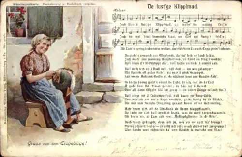 Ak Erzgebirge, Klöpplerin bei der Arbeit, Volkstracht