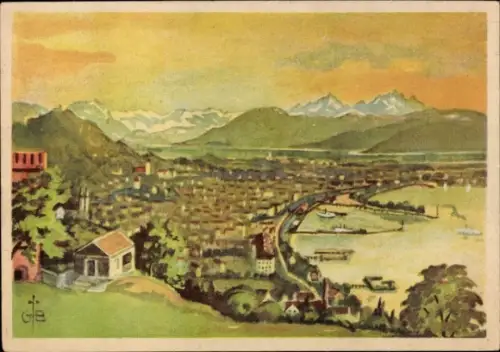 Künstler Ak Gebhard Braun, Bregenz am Bodensee Vorarlberg, Panorama, Rheintal