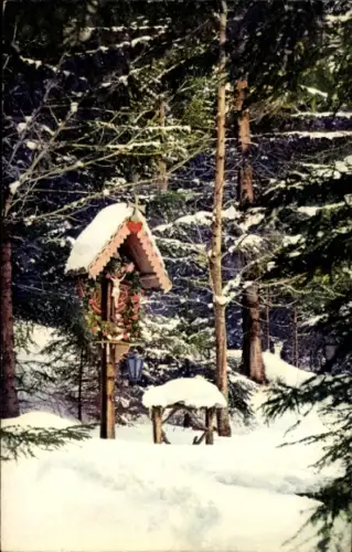 Ak Semmering in Niederösterreich, Schneebedeckter Wald, Vogelhaus, Laterne, Weihnachtsdekoration