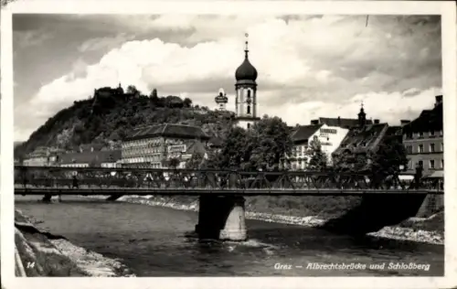 Ak Graz Steiermark,  Albrechtsbrücke, Schloßberg, Fluss, Brücke