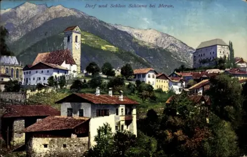 Ak Meran Merano Südtirol, Dorf und Schloss Schönna, Berge im Hintergrund, bunte 