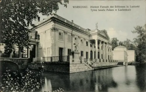 Ak Wilanów Warszawa Warschau Polen, Hintere Fassade des Schlosses in Lazienki, Wasser, Statue