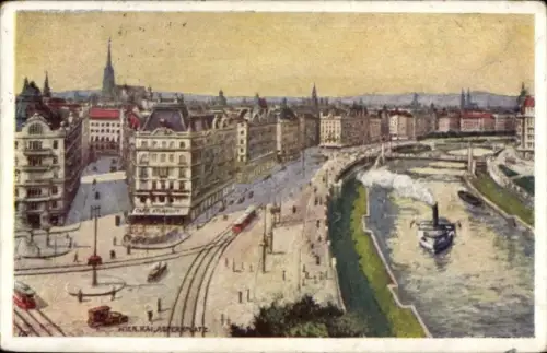 Künstler Ak Wien, Kai, Donaukanal, Aspernplatz, Stephansdom