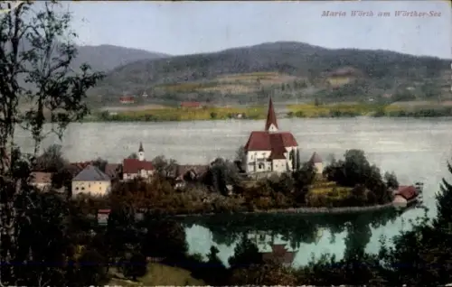 Ak Maria Wörth am Wörthersee Kärnten, Landschaft mit See, Kirche, Häusern, Bergen im Hintergrund
