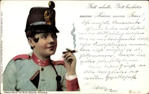 Litho Gott erhalte, Gott beschütze unsern Kaiser, unsern Franz, Frau in Uniform, Zigarre