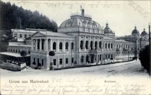 Ak Mariánské Lázně Marienbad Region Karlsbad, Kurhaus in  , Gruss aus  5, Text auf der Rückseite