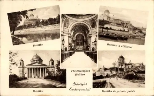 Ak Esztergom Gran Ungarn, Bazilika, Főszékesegyház,  Primáspalota, Hafenansicht