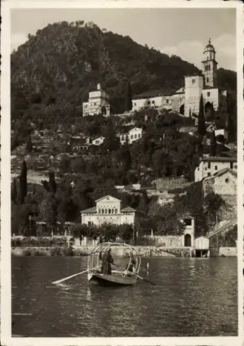 Ak Morcote Lago di Lugano Kanton Tessin, Berglandschaft, Kirche, Boot, Lago di Lugano, Morcote