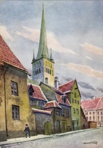 Ak Tallinn Reval Estland, Wasserturm, Häuser mit roten Dächern, Straße, St. Olays Kirche