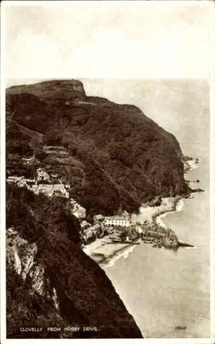 Ak Clovelly Devon England, Küstenansicht,  Hobby Drive, Schwarz-Weiß-Foto