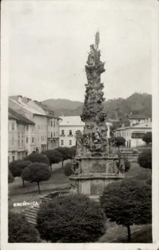 Ak Kremnica Körmöczbanya Kremnitz Slowakei, Kreuzsäule, Bäume, Häuser, KREMNICA