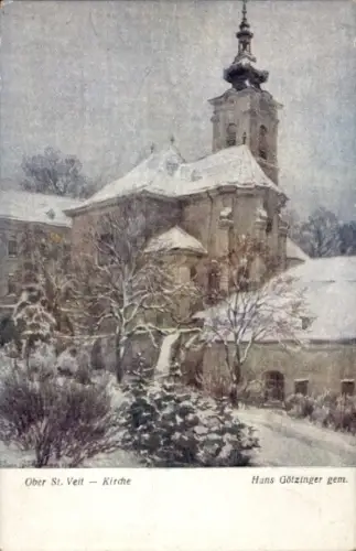 Ak Wien 13 Hietzing Ober Sankt Veit, Ober St. Veit Kirche, Winterlandschaft, Schnee, Hans Götzing