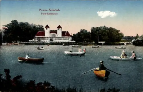Ak Poznań Posen, Posen - Solatsch, Park-Restaurant, Boote auf dem Wasser, Bäume im Hintergrund