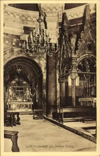 Ak Split Kroatien, Innenansicht der Kathedrale, Chandelier, Altäre, Statuen