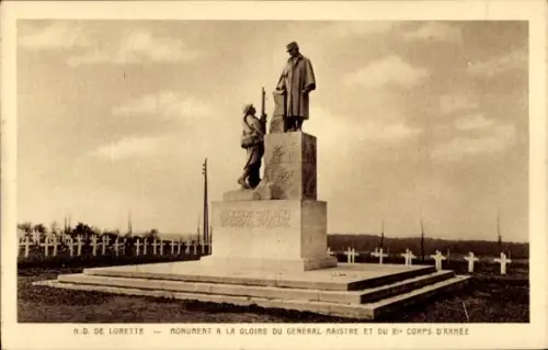 Ak Lorette Loire, Monument General Maistre, 21. Korps, Soldatenkreuze, Gedicht von Mgr Julian