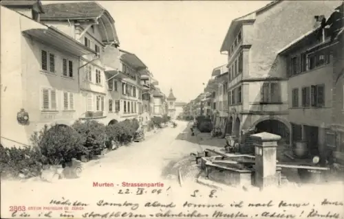 Ak Morat Murten Kanton Freiburg,  Straßenansicht, Häuser, Straße, Schwarz-Weiß-Foto