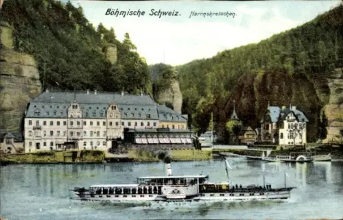 Ak Hřensko Herrnskretschen Elbe Region Aussig, Teilansicht, Dampfschiff auf der Elbe
