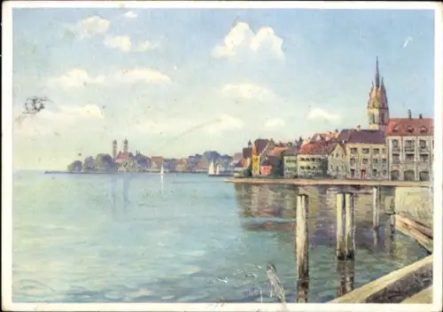 Künstler Ak A. Munding, Friedrichshafen am Bodensee, Panorama, Schloss
