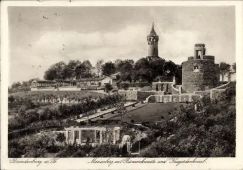 Ak Brandenburg a.d.Havel, Marienberg m. Bismarckwarte u. Kriegerdenkmal