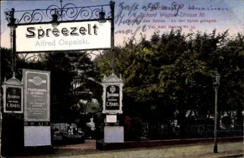 Ak Berlin Tiegarten, Spreezelt, Alfred Ospalski, Richard-Wagner-Straße 10, Hinter den Zelten