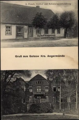 Ak Golzow Chorin bei Eberswalde, Gasthof und Kolonialwarenhandlung, Schloss