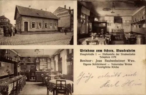 Ak Mundenheim Ludwigshafen am Rhein, Weinhaus zum Ochsen,  Haltestelle der Straßenbahn, Vorzüglic